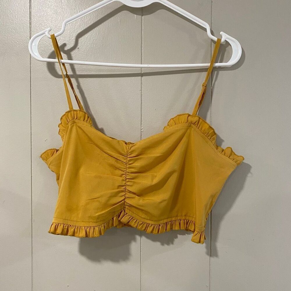 Urban Outfitters Mustard Yellow Ruffle Ruched Crop Top Women’s Medium Adjustable